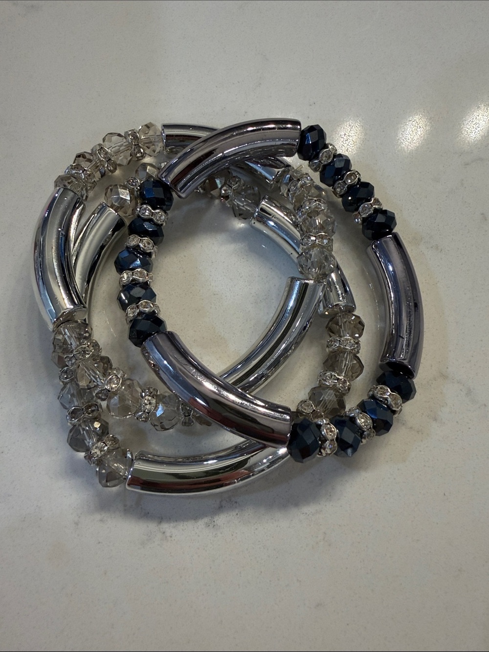 Silver and Black/Smokey Crystal Stretch Bracelet Set (3) - Women’s Jewellery